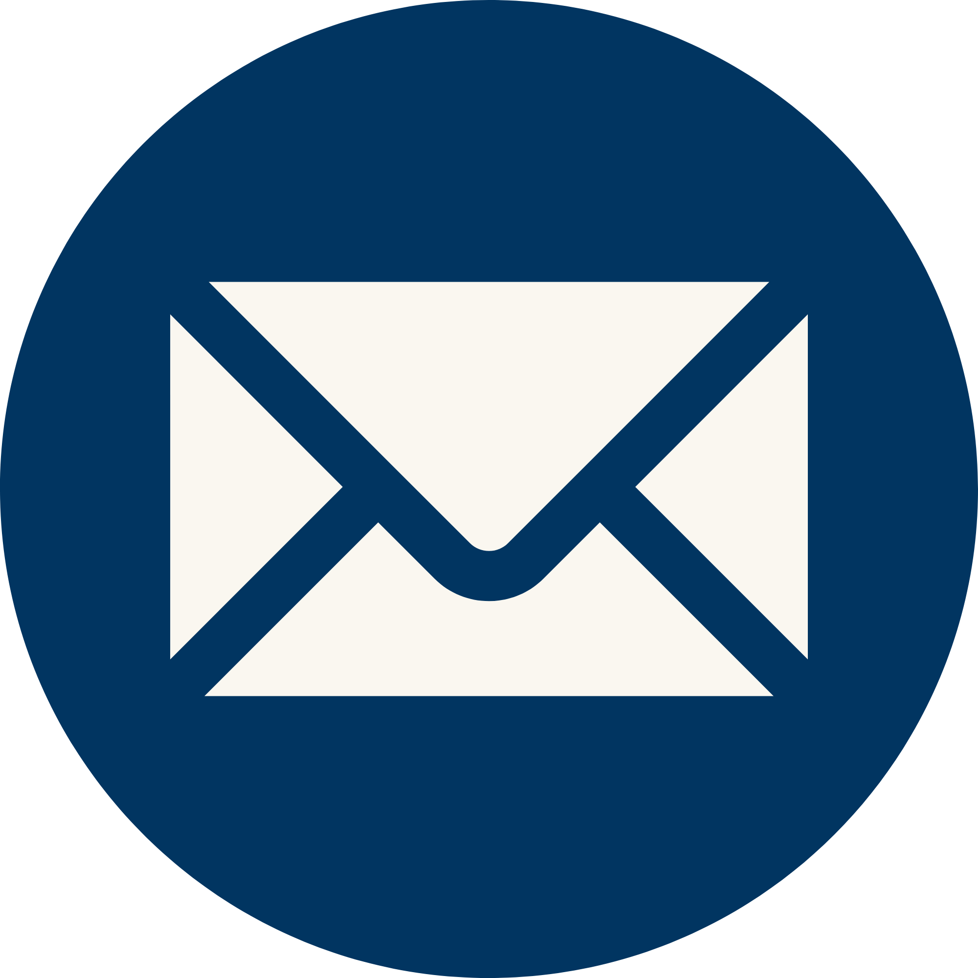 A logo featuring a white envelope with blue accents, inside a dark blue circle.