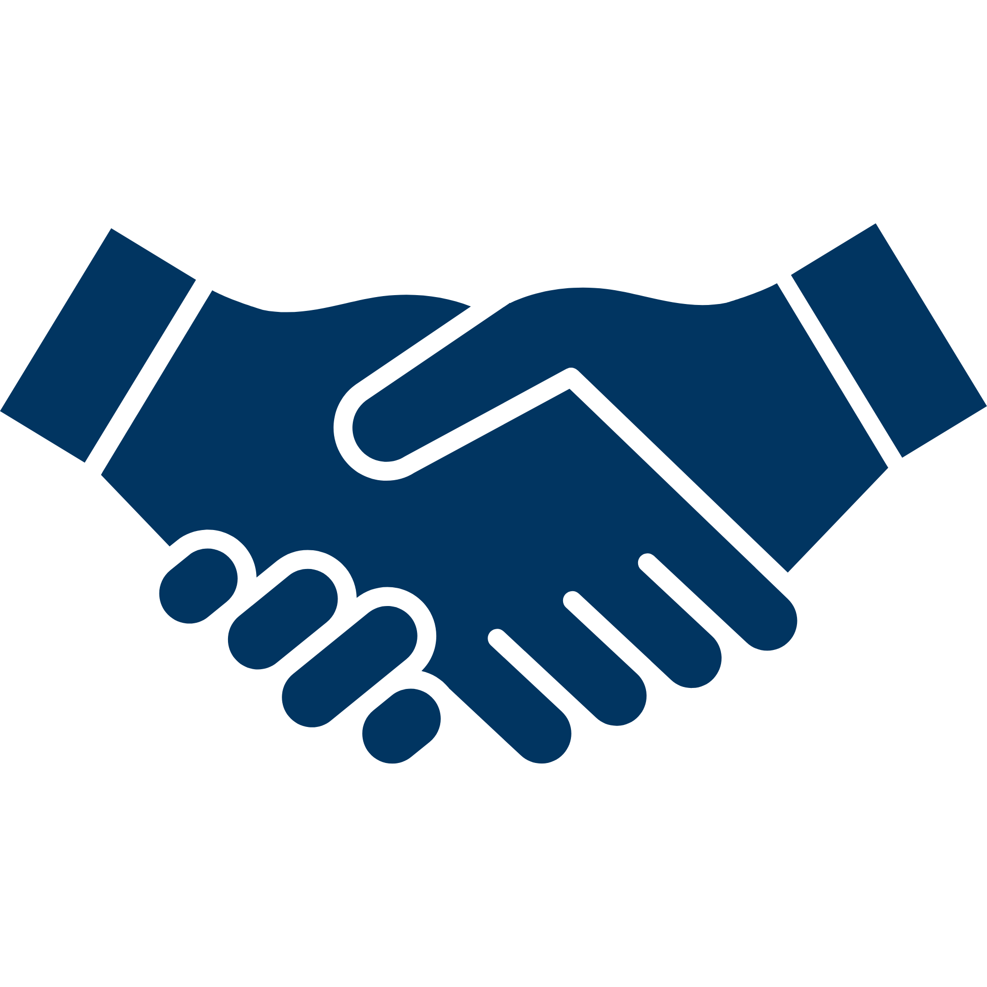 An illustration of two hands shaking, symbolizing agreement or partnership, with a simple, stylized design in dark blue lines.