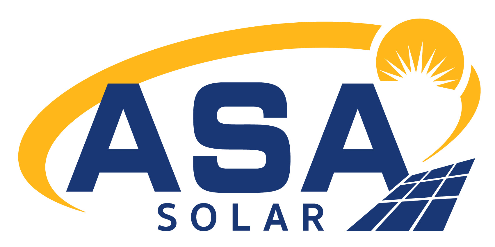 Logo of ASA Solar featuring the word 'ASA' in bold blue letters with a yellow orbit and a half sun with rays, and a blue solar panel beneath the word 'Solar'.