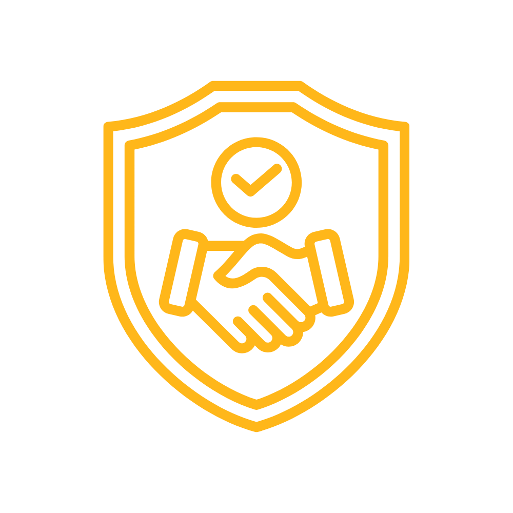 Icon of a shield with a handshake in the center, and a checkmark above within a circle, symbolizing security, trust, and agreement.