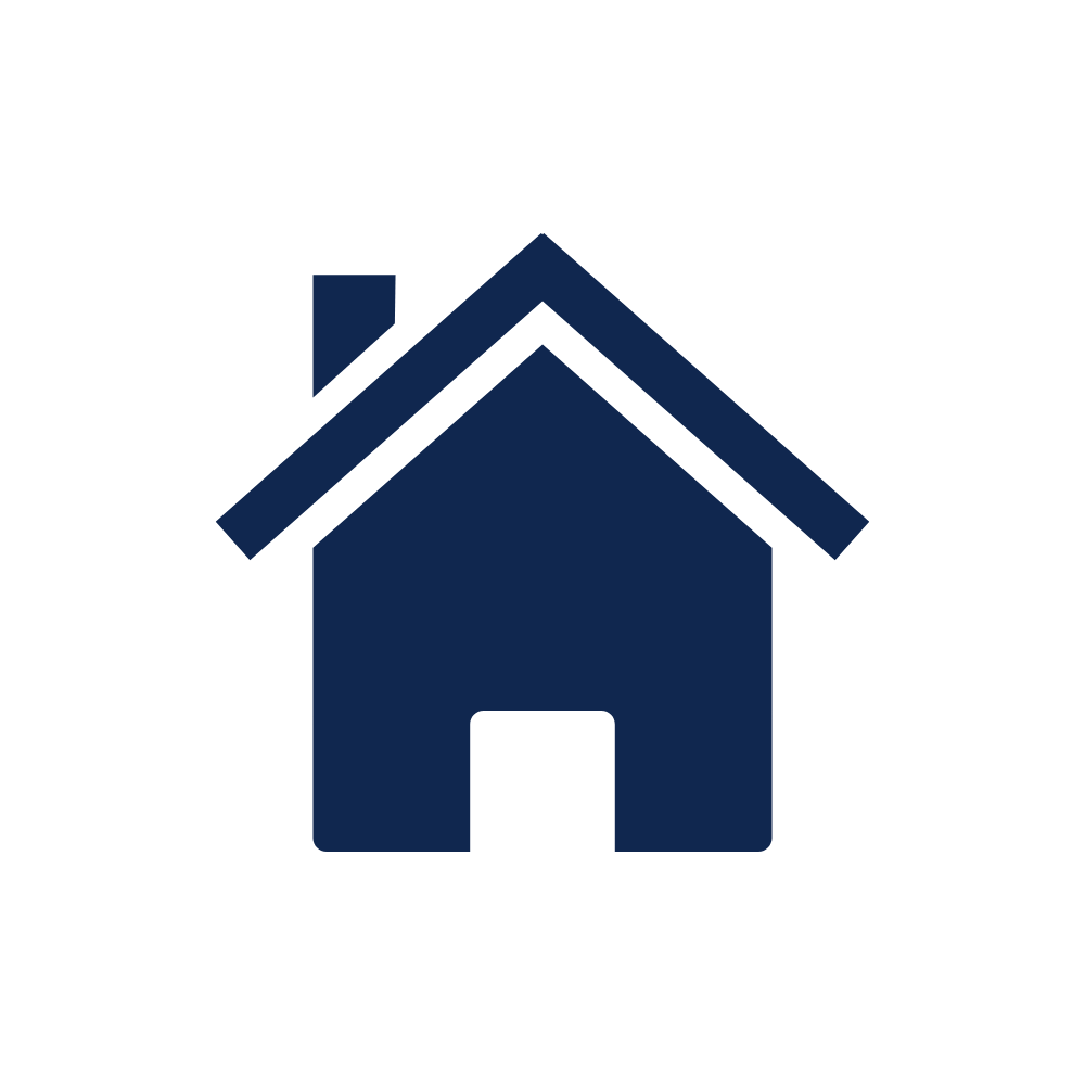 Simple navy blue house icon with a chimney on the left and a door at the bottom center.