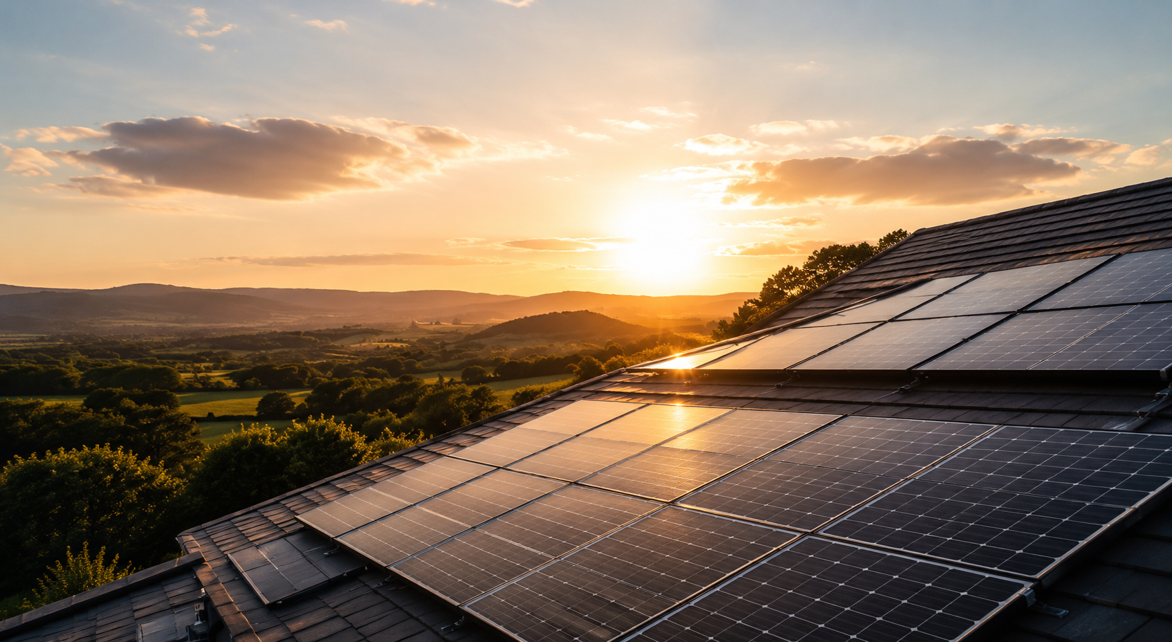 Sunset view over a landscape with rolling hills and forest, with solar panels installed on a house roof in the foreground.