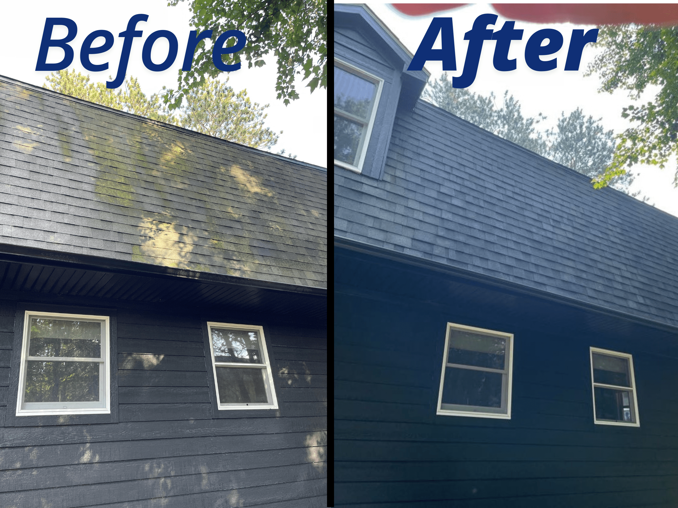 Side-by-side comparison of a house's exterior before and after cleaning. The 'Before' section shows a dark, stained roof and siding, while the 'After' section shows a clean, bright blue roof and siding.