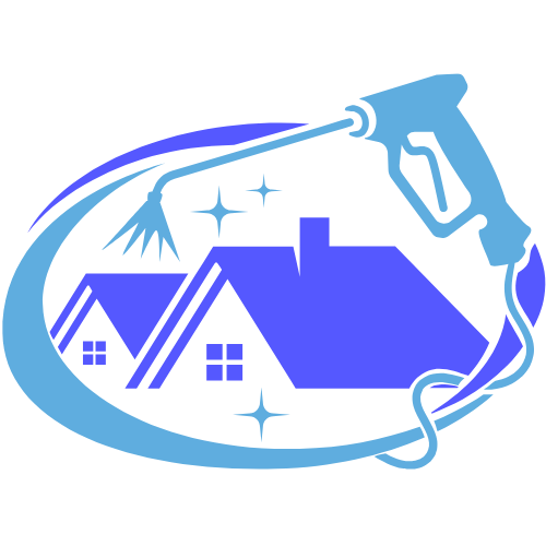 Illustration of a pressure washer spray cleaning a house, with sparkling clean surfaces and cleaning bubbles.