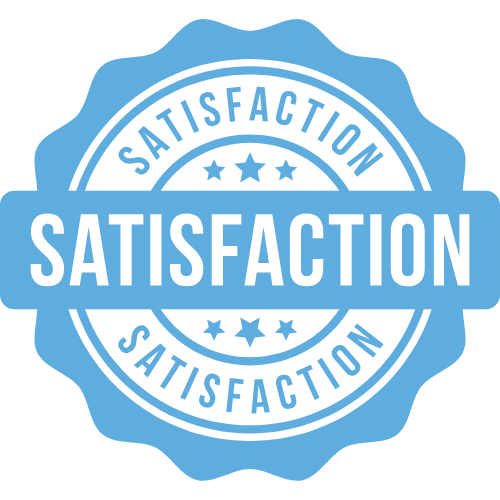 Blue satisfaction badge with the word "SATISFACTION" in the center, surrounded by the word "SATISFACTION" repeated twice its perimeter with stars.