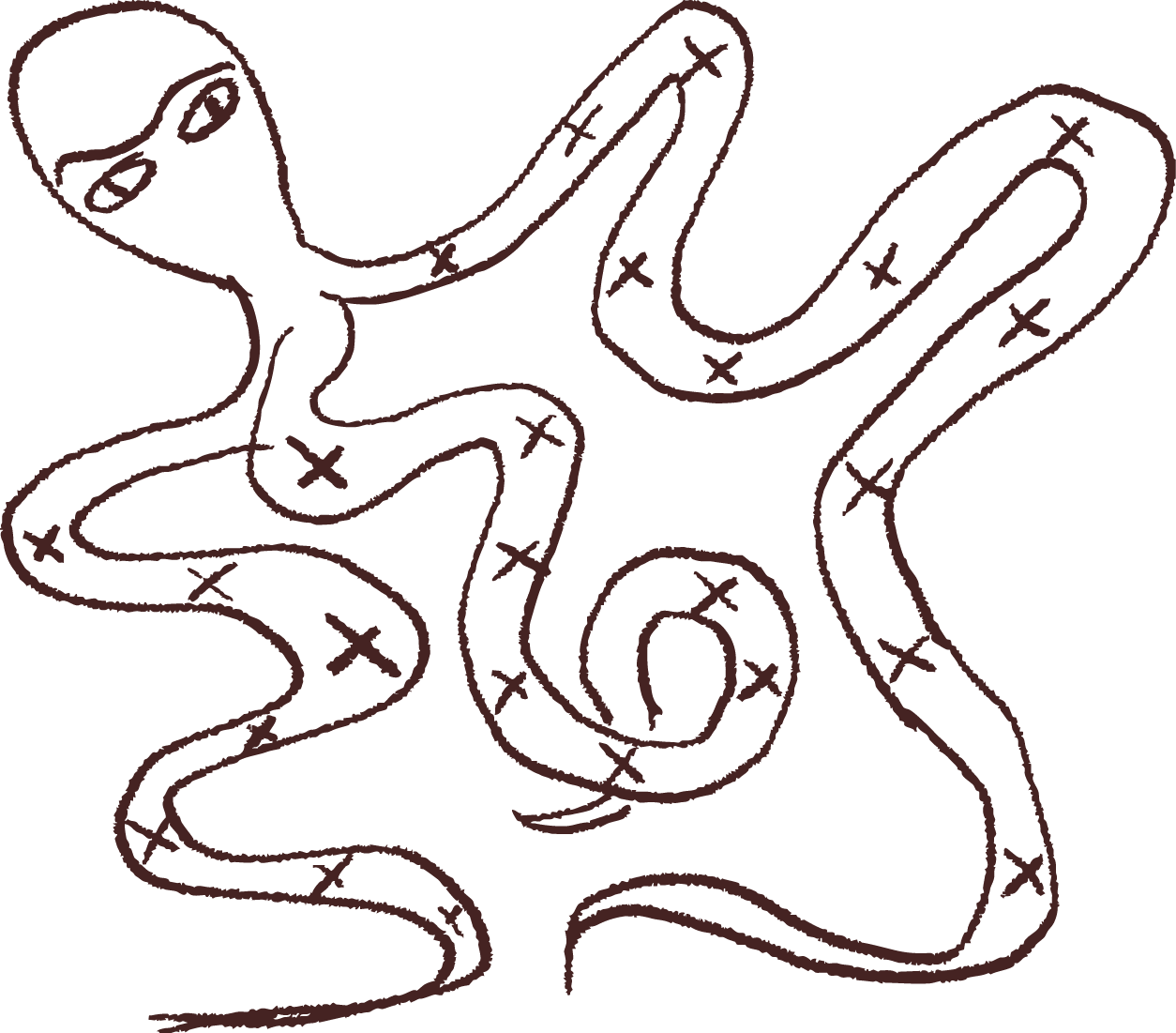Abstract drawing of an alien-like figure with long, wavy arms and crosses on its body.