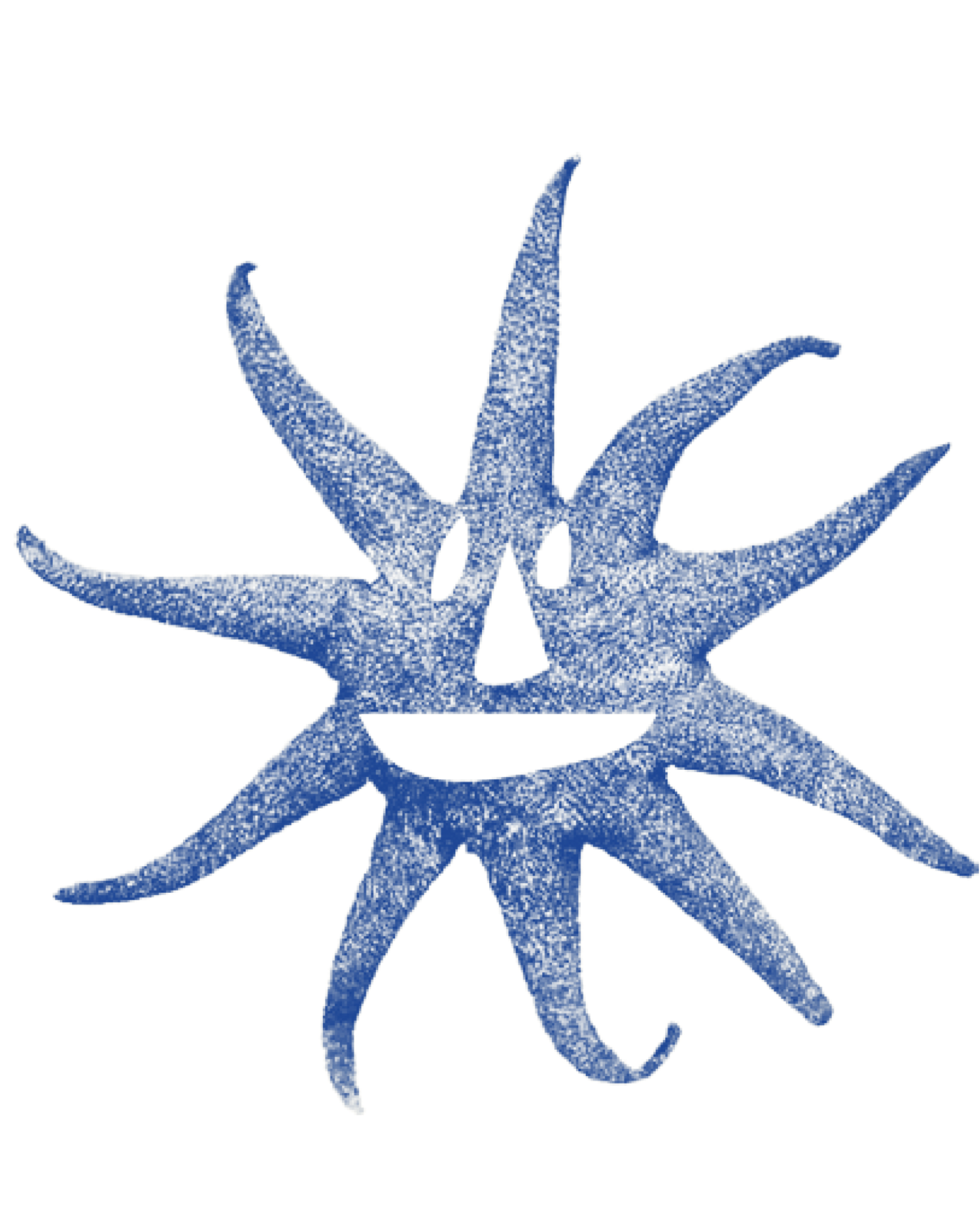 A decorative arrangement of blue, textured, curved shapes resembling a floral or abstract design with a central flower-like motif