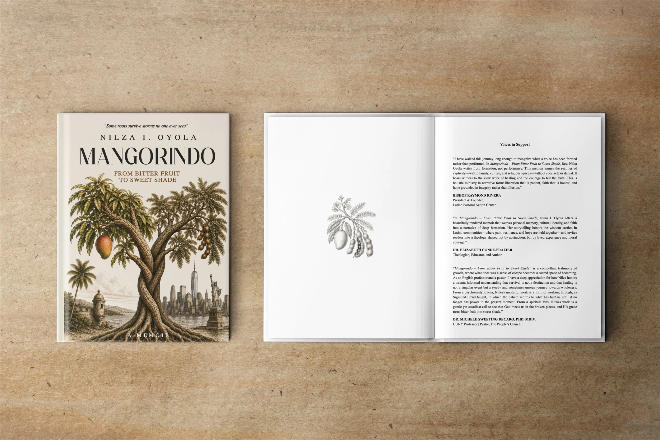 An open book about mangroves with illustrations of tree species on a beige surface.