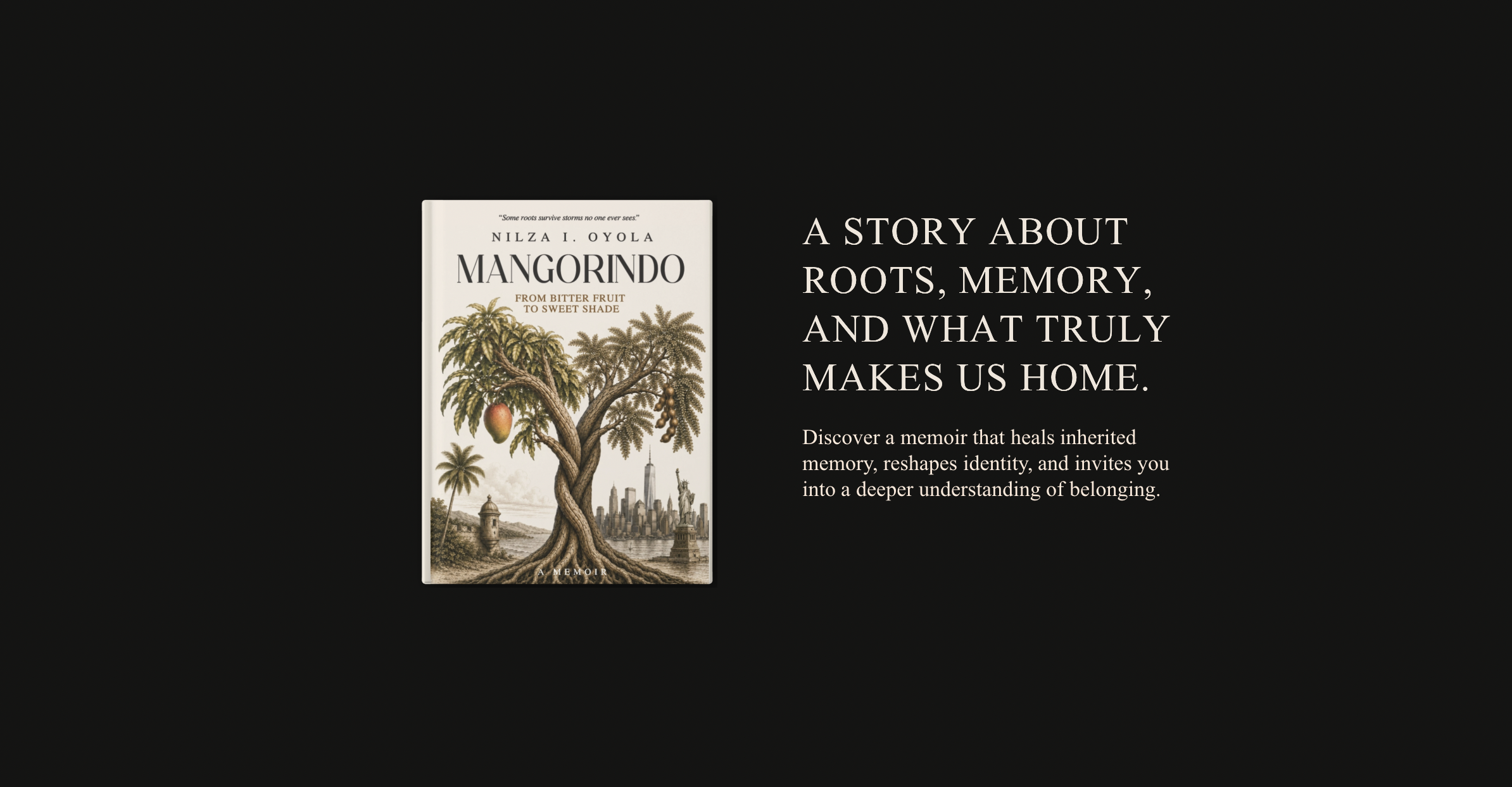 Book cover of 'Mangorindo: From Bitter Fruit to Sweet Shade' by Nilza I. Oyola, featuring a tree with intertwining branches, palm trees, and a city skyline.