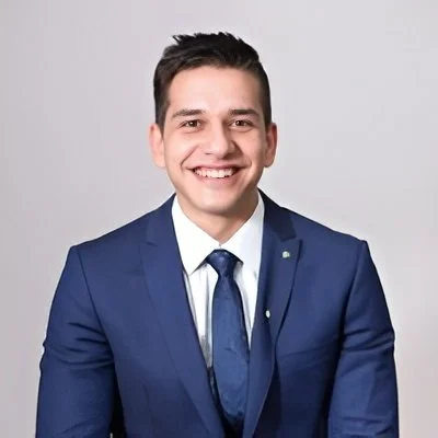 A young man with dark hair wearing a blue suit, white shirt, and blue tie smiling against a plain light gray background.