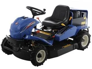 Blue riding lawn mower with black seat and large wheels.