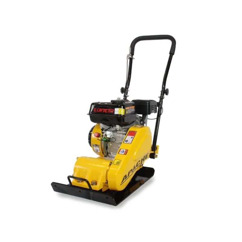 A yellow and black plate compactor with a gas engine and a handlebar for operation.