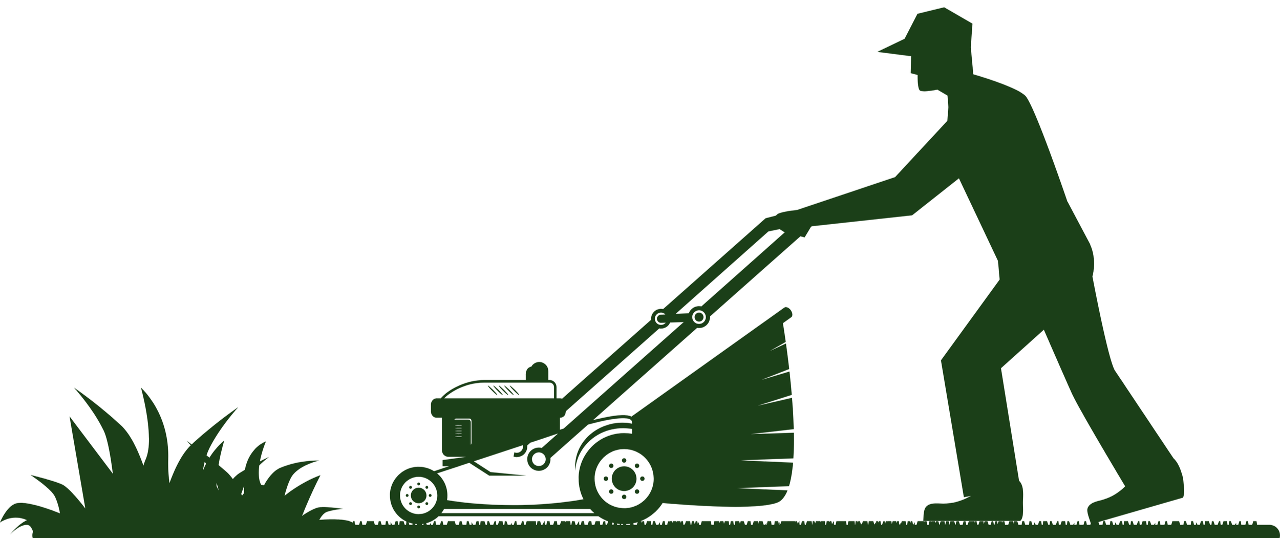 Silhouette of a person wearing a hat mowing the grass with a push lawn mower, with grass and plants in the foreground.