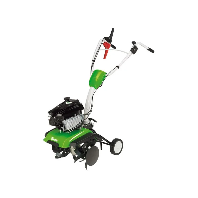 A green and black motorized lawn tiller with a white handlebar and black wheel, branded Viking.