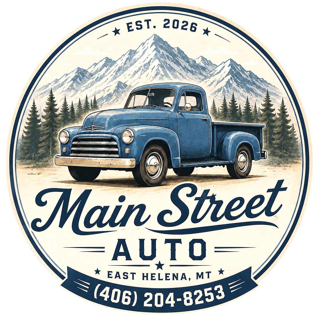 Vintage logo for Main Street Auto featuring a blue classic pickup truck with mountain and forest background, established 2026, located in East Helena, Montana.