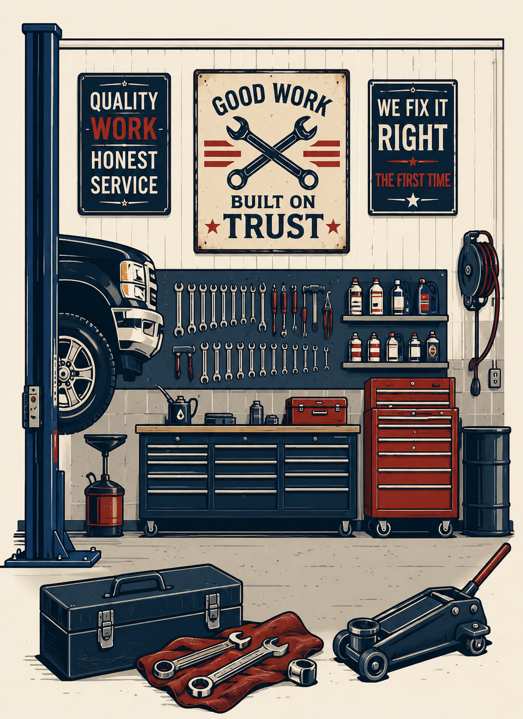 A well-organized garage with car maintenance tools, workbench, and motivational signs on the wall.