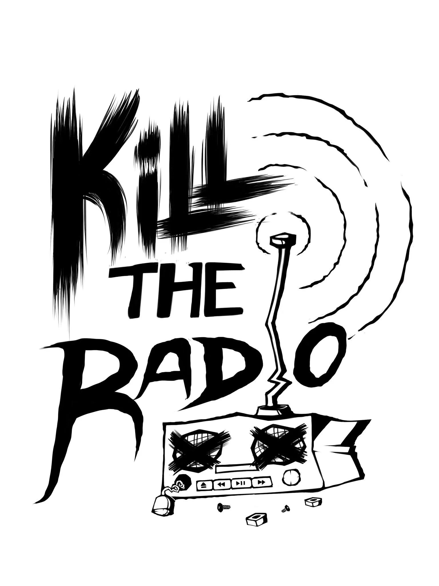 Kill The Radio logo in black and white drawing of the words "Kill the radio" with a broken radio surrounded by broken bricks and scattered screws. Logo available as a sticker in various colors!