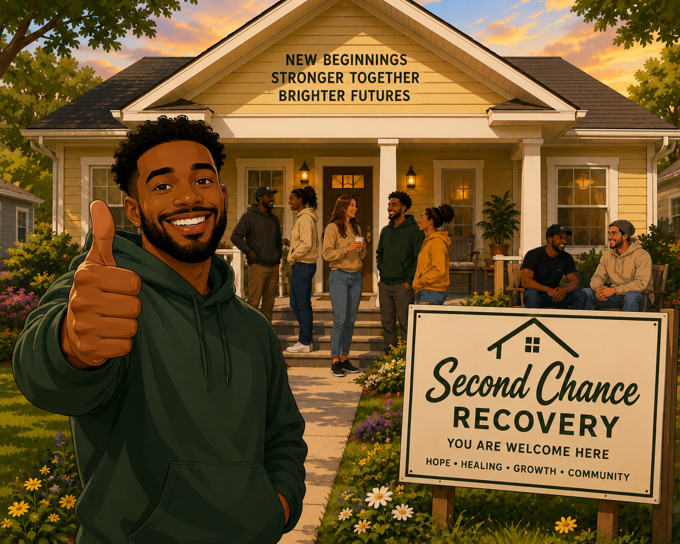 A group of diverse people gathers on the porch of a house for a second chance recovery event. A smiling man in the foreground gives a thumbs-up, with a sign in the yard reading 'Second Chance Recovery' and 'You Are Welcome Here.' The house has a welcoming atmosphere with flower beds and trees, and the sky is at sunset.