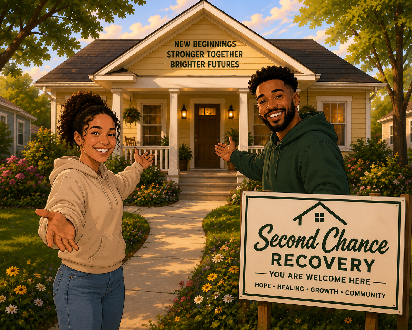 Happy man and woman standing in front of a house with a sign that reads 'Second Chance Recovery' and a message about hope, healing, growth, and community. They are welcoming and smiling.