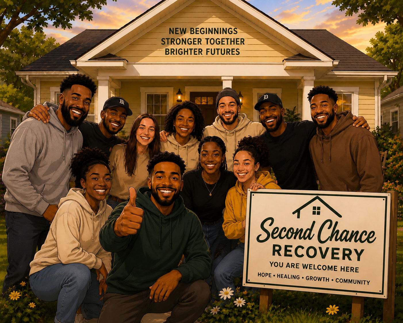A group of diverse people standing in front of a house during sunset, smiling, with a sign that reads "Second Chance Recovery" and notes about hope, healing, growth, and community.