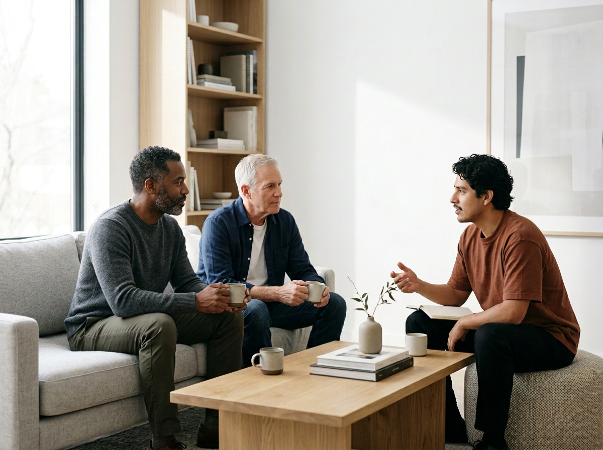 Three men having a conversation in a living room, two sitting on a sofa and one on a pouf, with coffee mugs and a table with a vase and books.