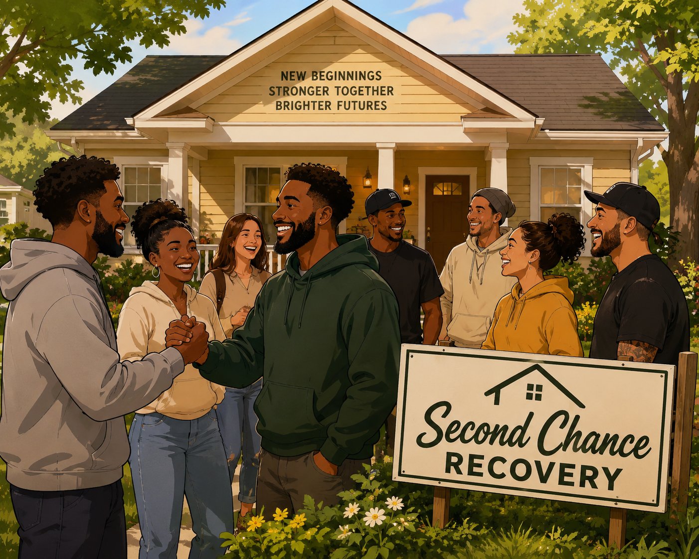 A group of people smiling and shaking hands in front of a house with a sign that reads "Second Chance Recovery." The house has a sign with a house icon and the words "New Beginnings Stronger Together Brighter Futures." The group appears happy and supportive.
