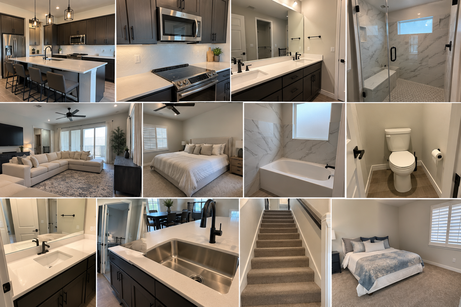 A modern house interior with a kitchen, living room, two bedrooms, two bathrooms, a staircase, and various furnishings.