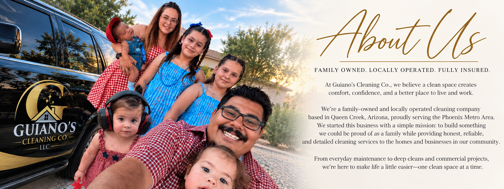 A family of seven, including children and adults, pose together outside next to a black cleaning company's vehicle, smiling at the camera during sunset. The vehicle displays the company's logo and name, Guiano's Cleaning Co.