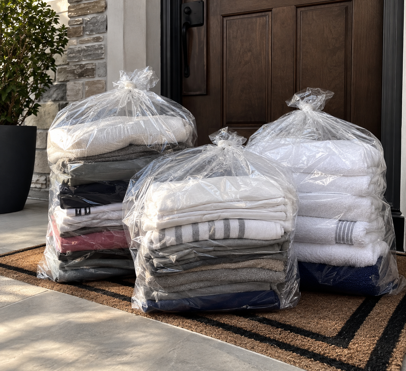 Three large plastic bags filled with folded towels and clothing items outside a house door on a doormat.