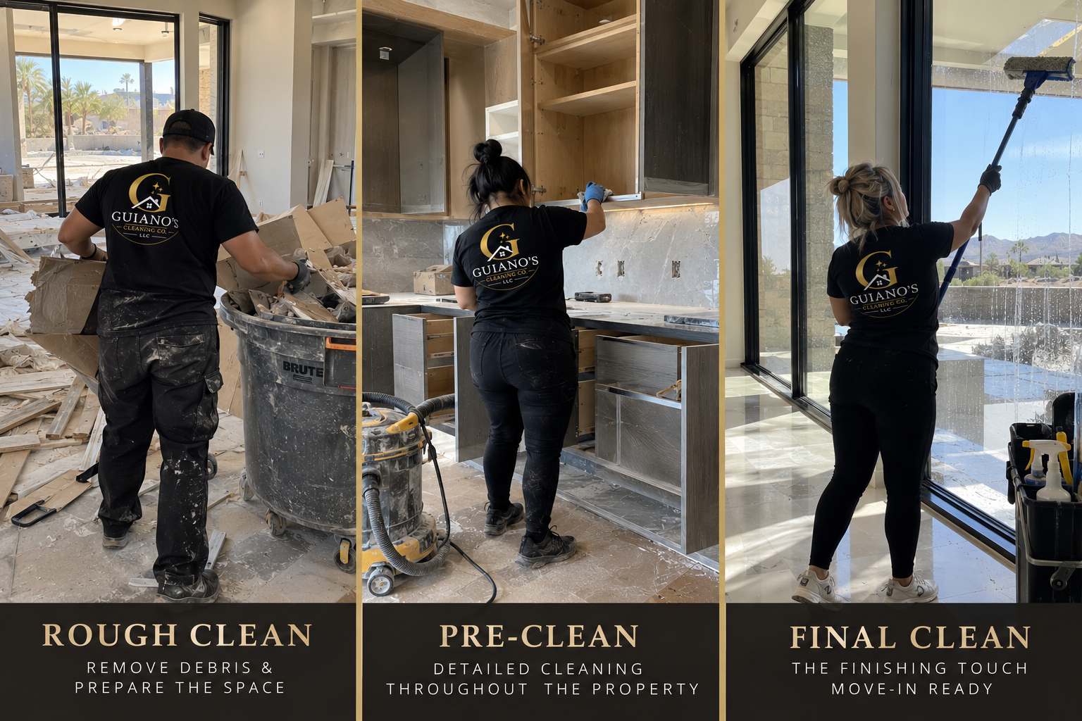 Three photos showing different stages of cleaning a property. The first shows a worker removing debris in a rough clean, the second shows a worker doing detailed cleaning in a pre-clean stage, and the third shows a worker using a roller to clean windows in a final clean stage.