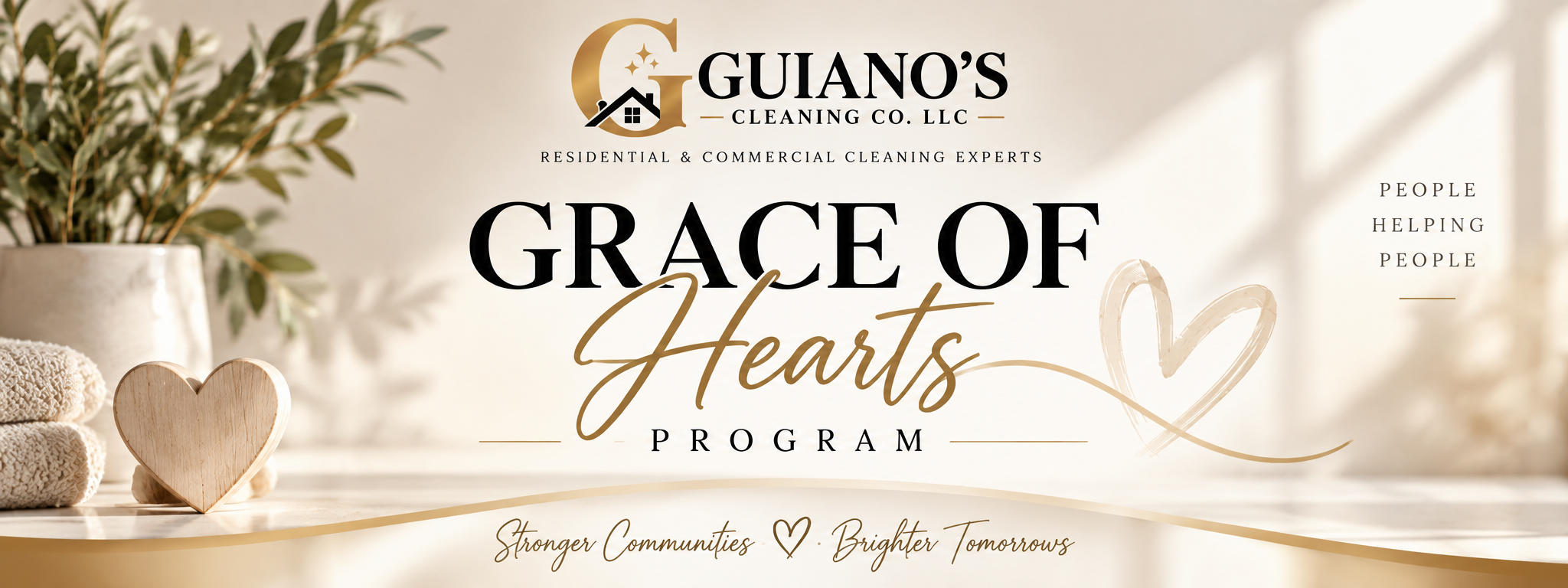 Promotional flyer for Guiano's Cleaning Co. LLC featuring a beige and gold color scheme. The flyer includes a small potted plant, a heart-shaped wooden ornament, and folded towels. It promotes a program titled "Grace of Hearts" with a tagline "Stronger Communities, Brighter Tomorrows" and emphasizes helping people.