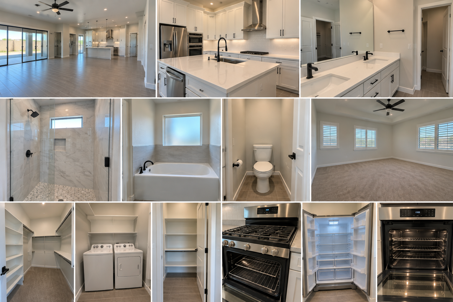 Interior of a modern house with an open-concept kitchen and living room, featuring white cabinetry, stainless steel appliances, a large kitchen island, and multiple windows; bathroom with a walk-in shower, bathtub, and toilet; spacious bedroom with carpet flooring; walk-in closets with shelving and organized laundry area with washer and dryer; and an empty refrigerator and oven