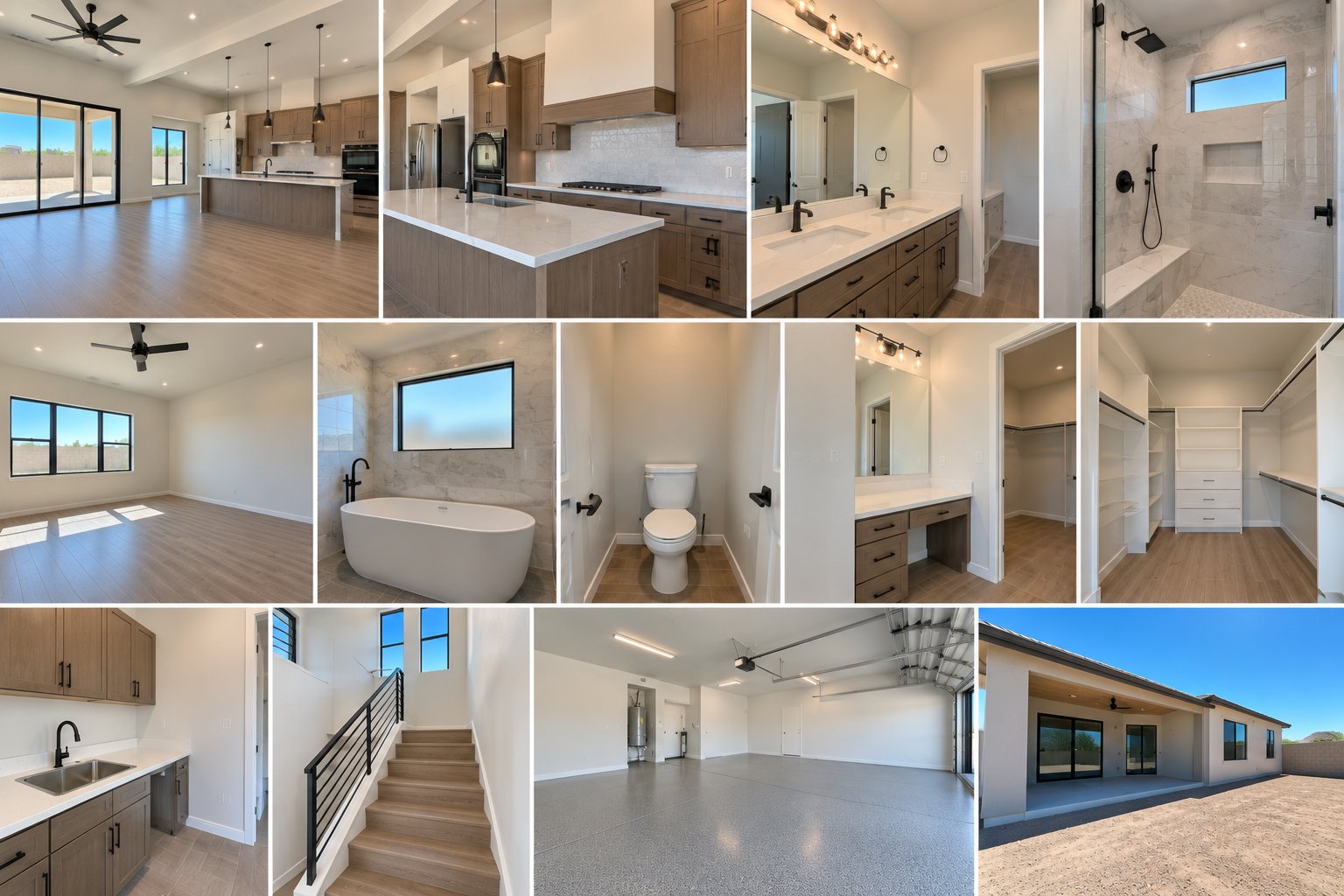 Photos of a modern home interior and exterior, including living room, kitchen, bathrooms, bedroom, closet, staircase, garage, and backyard with sliding glass doors.