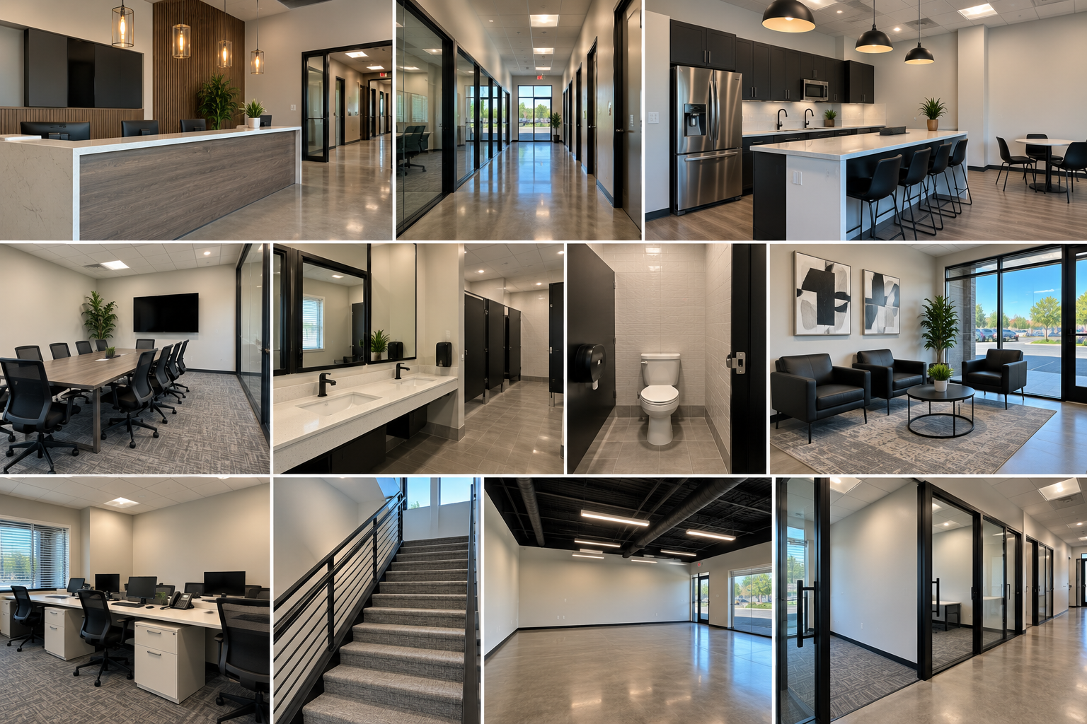 Collage of an office building interior featuring a reception area, hallways, kitchen and lounge, conference rooms, restrooms, staircase, open workspace, and communal spaces with modern decor and large windows.