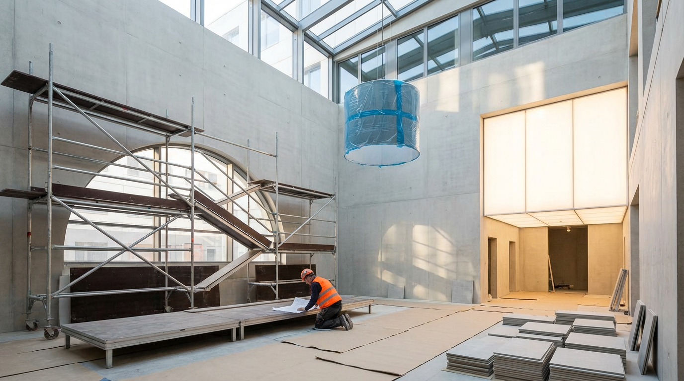 Interior of a building under construction with scaffolding, worker in safety vest, construction materials, and large windows.
