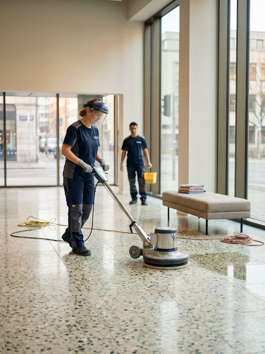 Cleaning staff using a floor polishing machine in a modern lobby with large glass windows and bench with magazines.