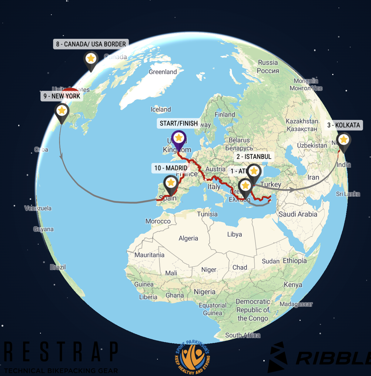 Map of a world bikepacking route with numbered key points across Europe and Asia, starting in Greece and ending in Canada, with route lines and icons indicating locations and milestones.