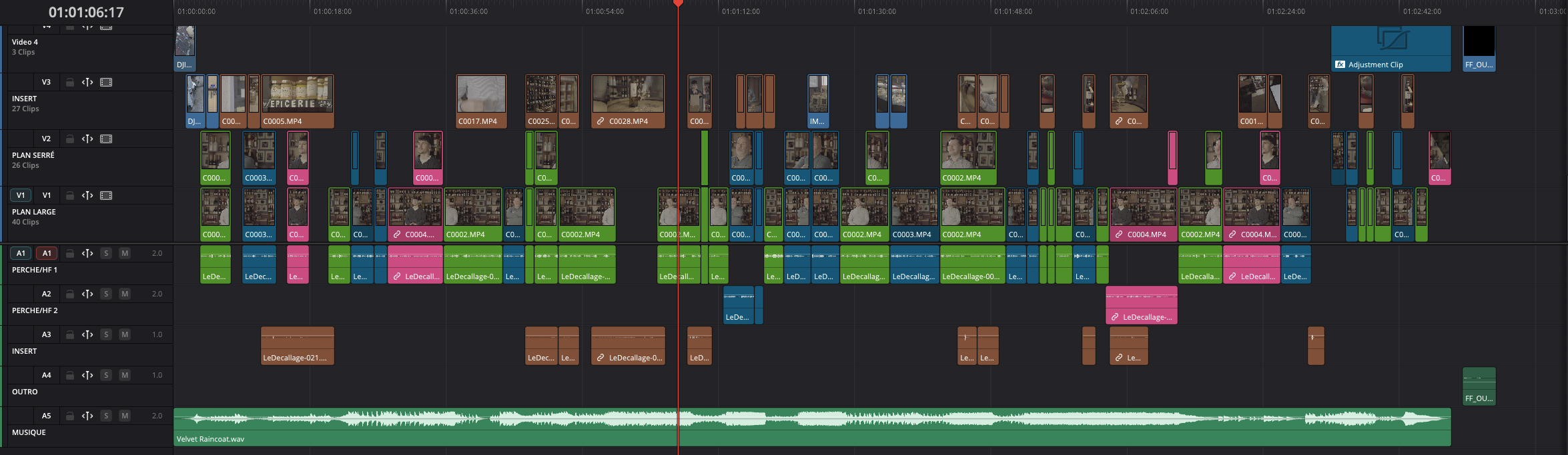 Capture d'écran d'un montage vidéo complexe avec plusieurs pistes pour différents éléments audio et vidéo dans un logiciel de montage.