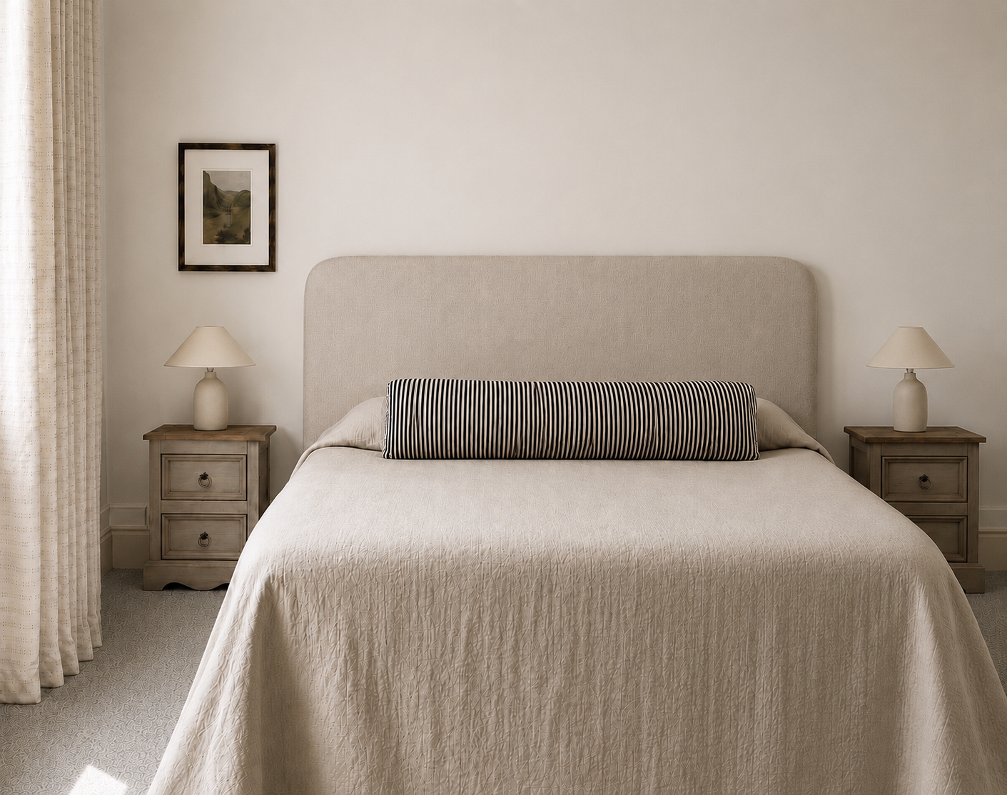 A neatly made bed with a beige headboard and matching bedspread, two wooden nightstands with lamps, and a picture hanging on the wall.