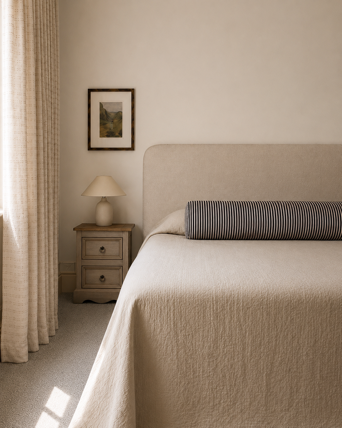A bedroom with a beige bedspread, a striped bolster pillow, a nightstand with a lamp, a framed picture on the wall, and beige curtains.