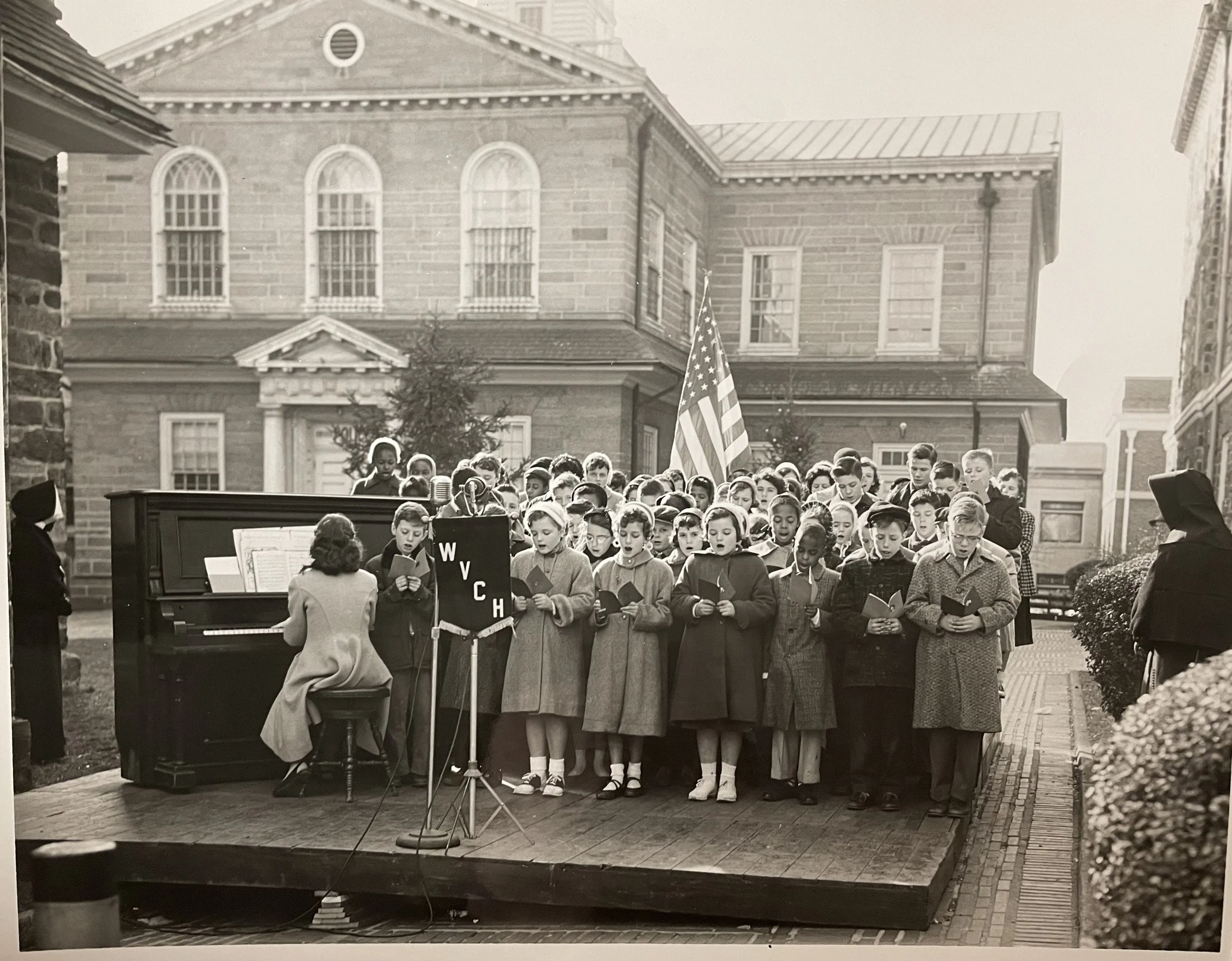 A wonderful photo from 1952 of the children's choir of St. Michael's R.C. singing Christmas carols at the 1724 Chester Courthouse. St. Michaels was one of Delo's oldest Catholic churches. The church was established in 1842 by Irish employees of Leipe