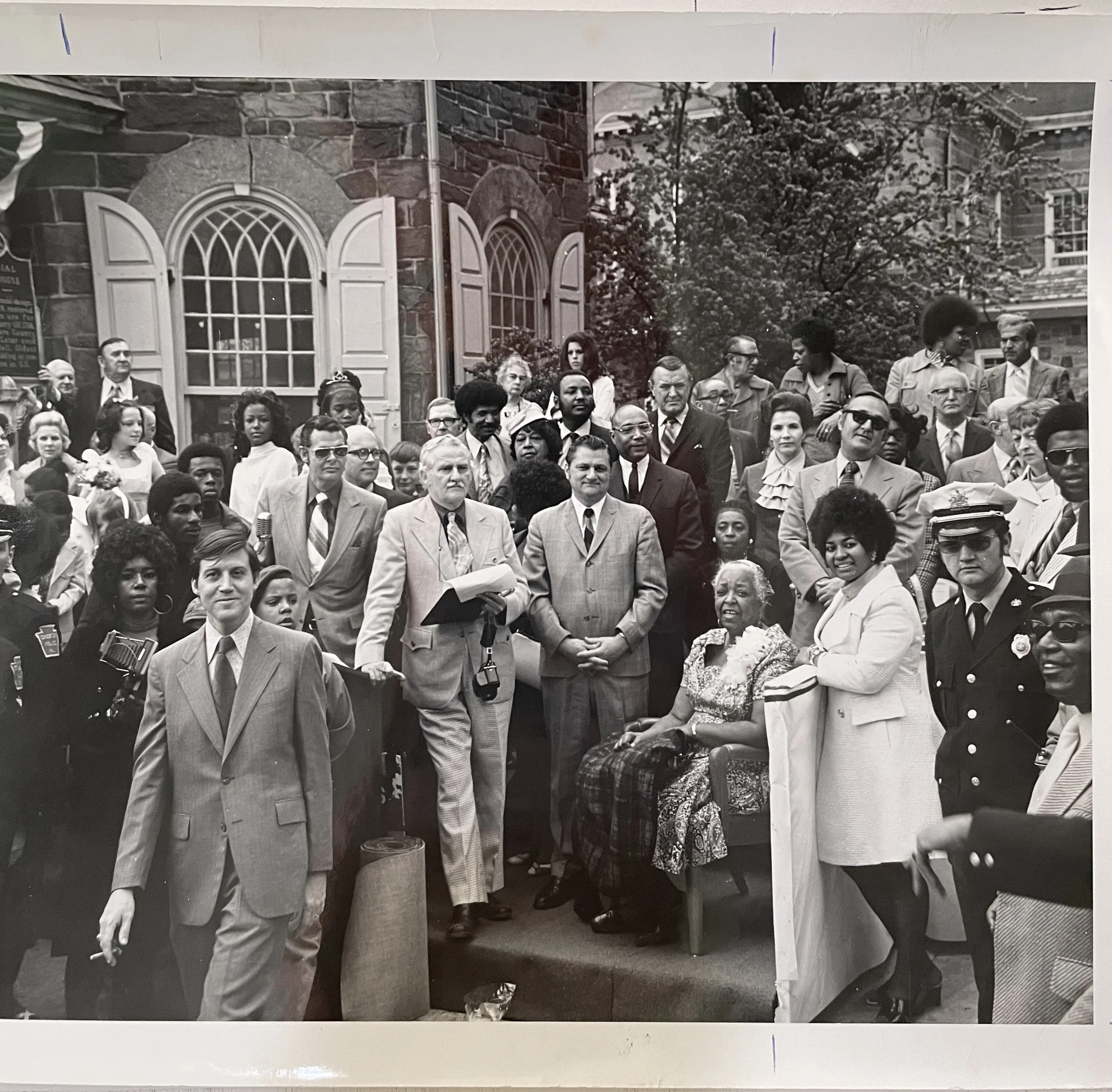 A photo from 1972, featuring Ethel Waters (seated) in front of the 1724 Chester Courthouse. Waters was born in Chester on October 31st, 1896, and had a storied career as a jazz and blues singer, with such notable recordings like “Stormy Weather”, “Ca