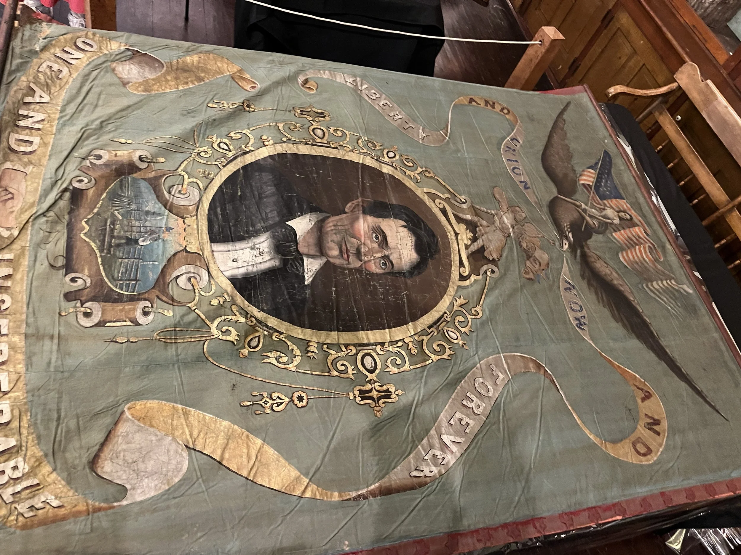 The famed Lincoln Banner of 1860. This wonderful piece was locally made and hung above the steps of the Media Courthouse in 1860 and 1864. Note how it depicts a beardless Lincoln, a very rare piece of electoral memorabilia. 