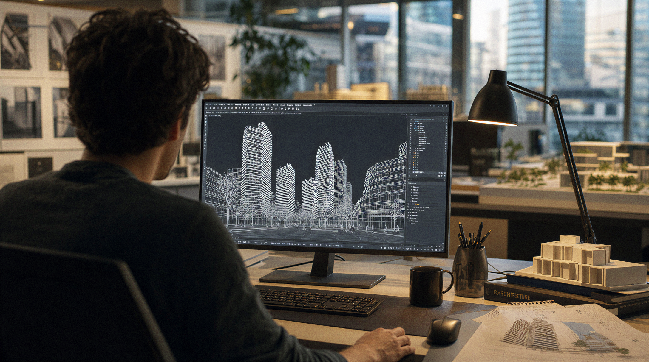 A person working at a desk in an office, viewing a computer screen displaying architectural designs of city buildings and trees in wireframe model.