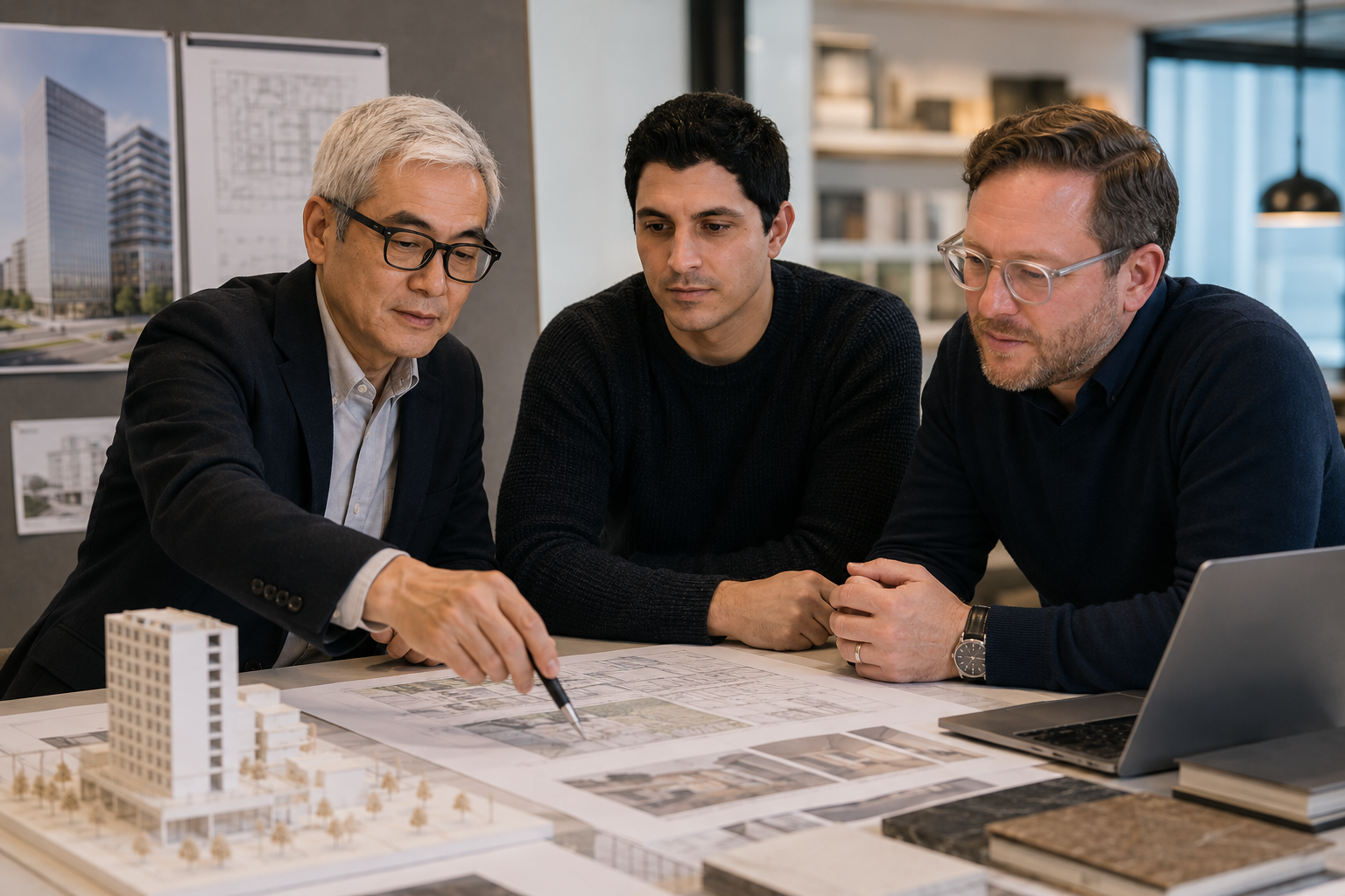 Three men discussing architectural plans and models at a table in an office.