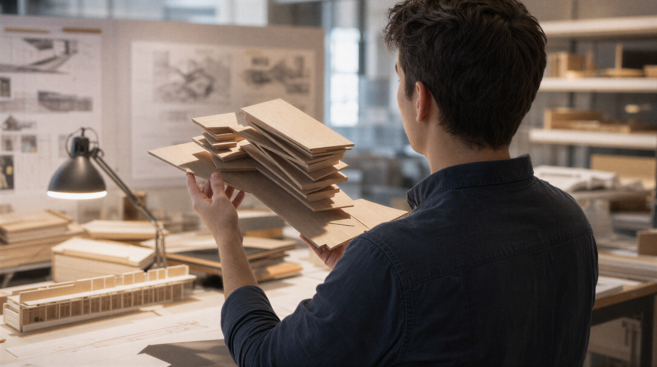 A person holding several wooden samples in an architectural or design studio with shelves and architectural drawings in the background.
