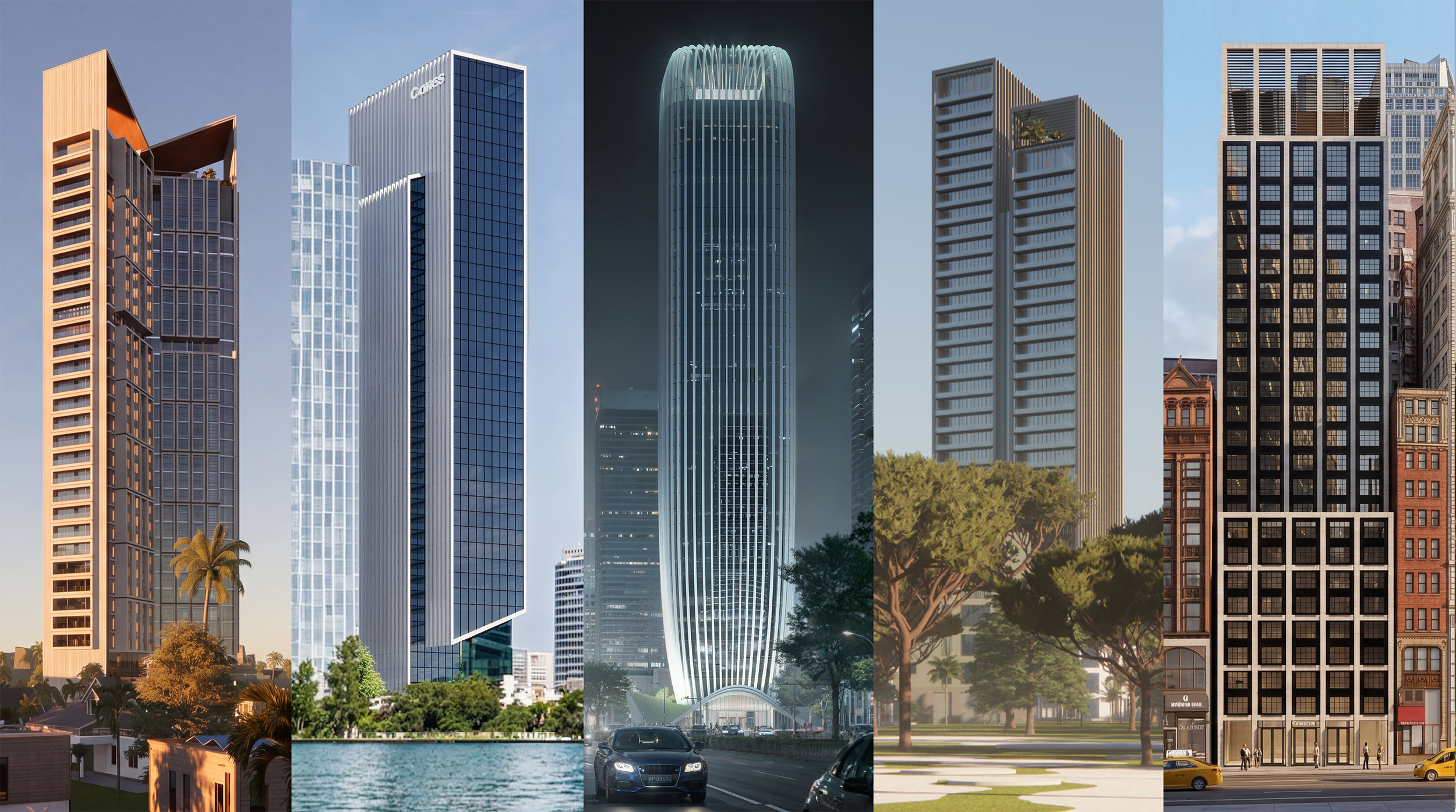 A collage of five different modern city buildings with trees and cars in front of them, captured during different times of the day.