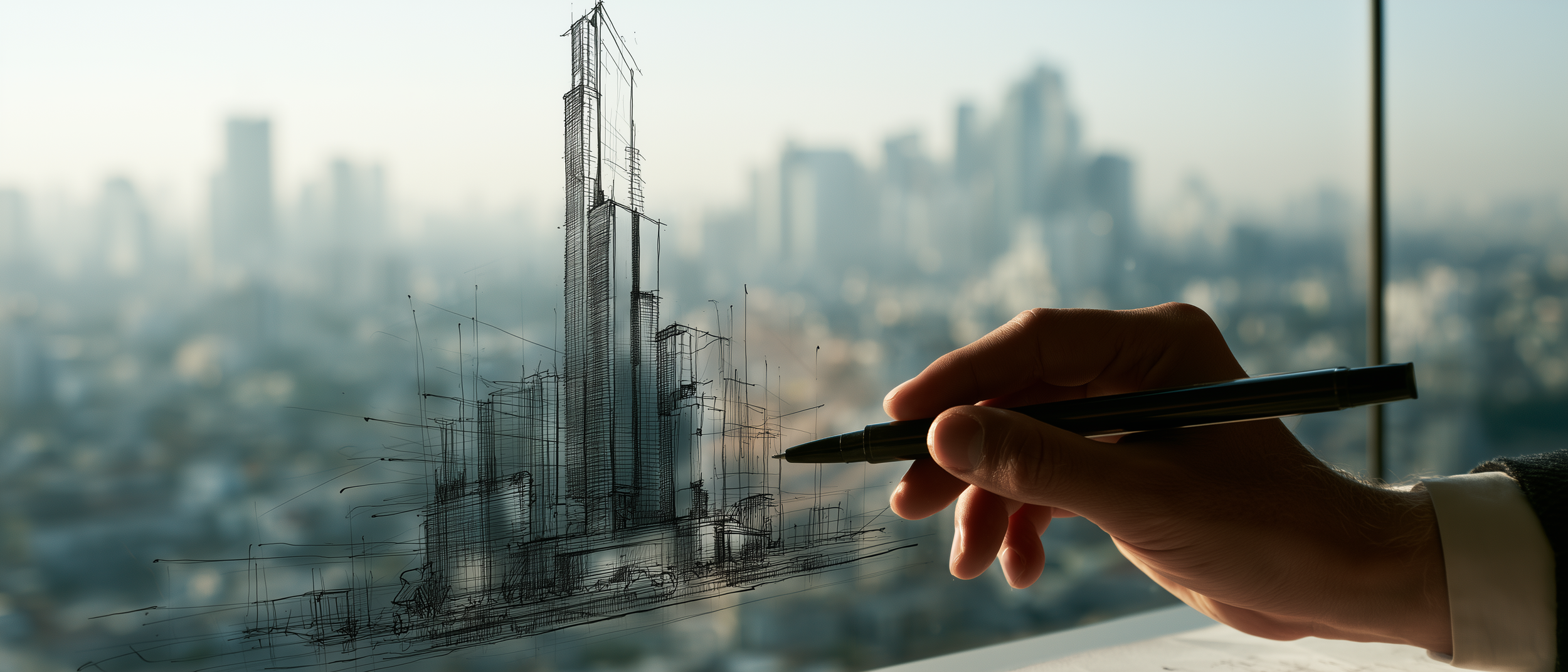 A person drawing the wireframe sketch of a skyscraper on a glass window with a black marker, with a cityscape in the blurred background.