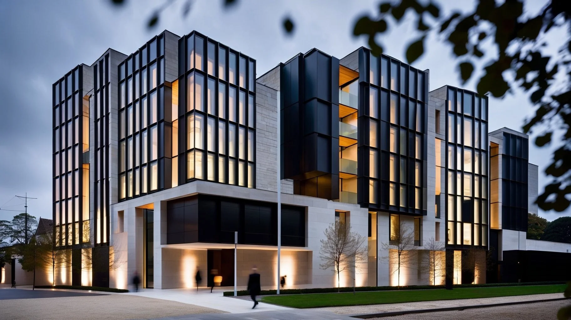 Modern multi-story building with large glass windows, illuminated from within, at dusk. Trees and a few pedestrians are in the foreground.