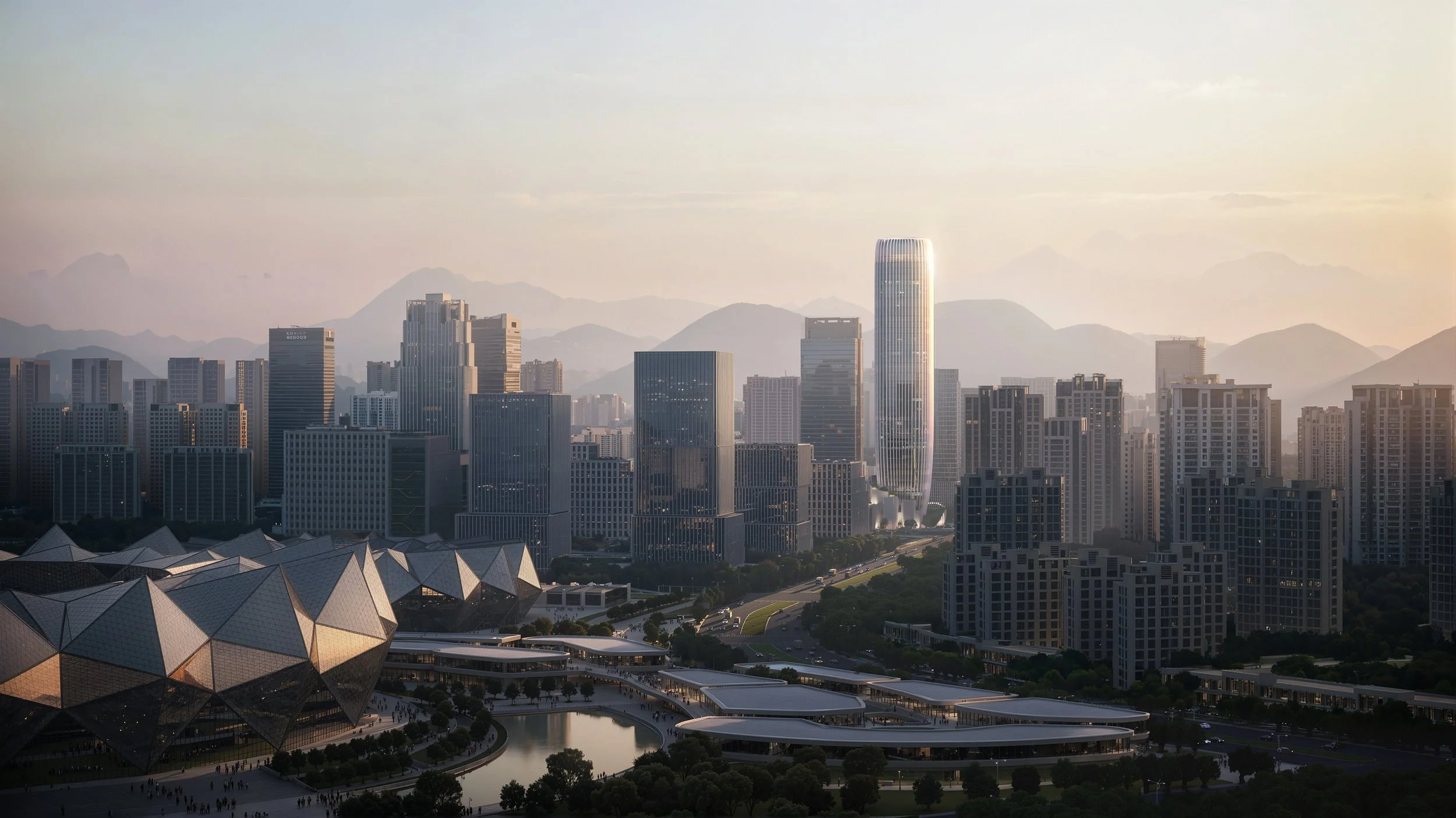 A cityscape with modern high-rise buildings and a mountain range in the background, during sunset.